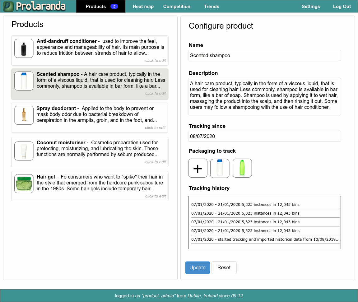 Screenshot of the platform's product configuration